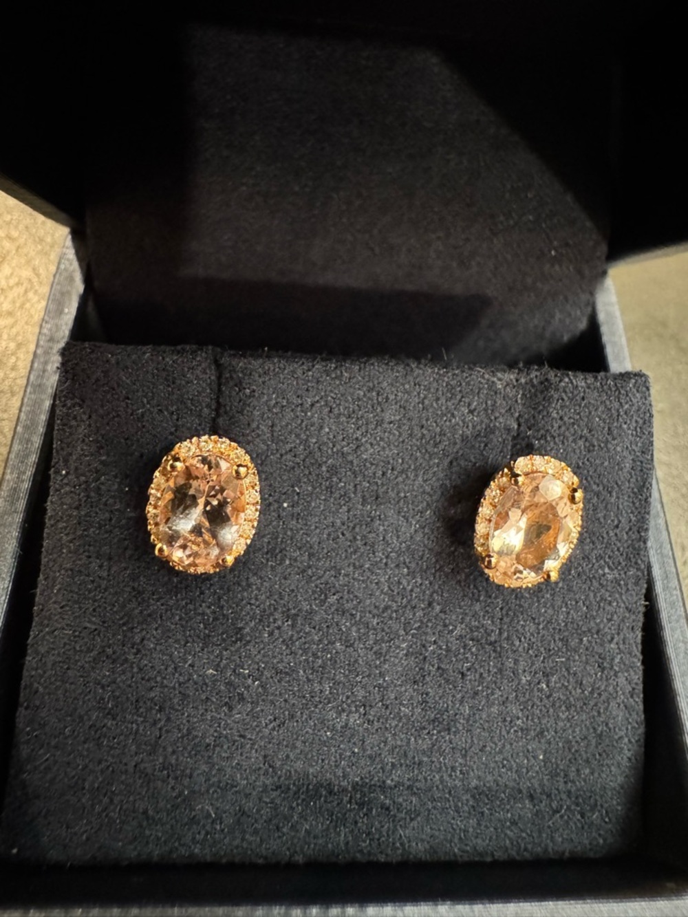 Rose Gold Oval Morganite Stud earrings with natural diamond halo